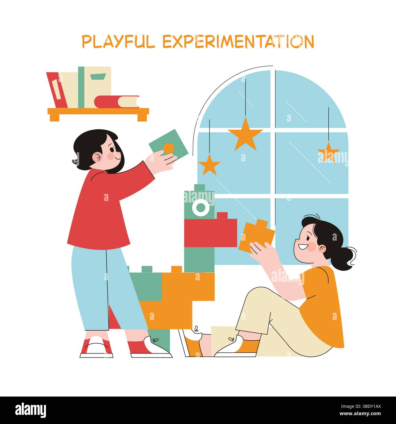 L'educazione in età prescolare enfatizza la sperimentazione giocosa, mostrando ai bambini impegnati in attività di costruzione creativa. Le loro gioiose interazioni con blocchi colorati favoriscono l'apprendimento e lo sviluppo. Illustrazione Vettoriale