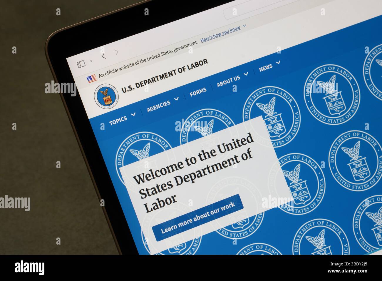 La prima pagina del Dipartimento del lavoro degli Stati Uniti (DOL), uno dei dipartimenti esecutivi del governo federale degli Stati Uniti, è visibile sullo schermo di un computer. Foto Stock