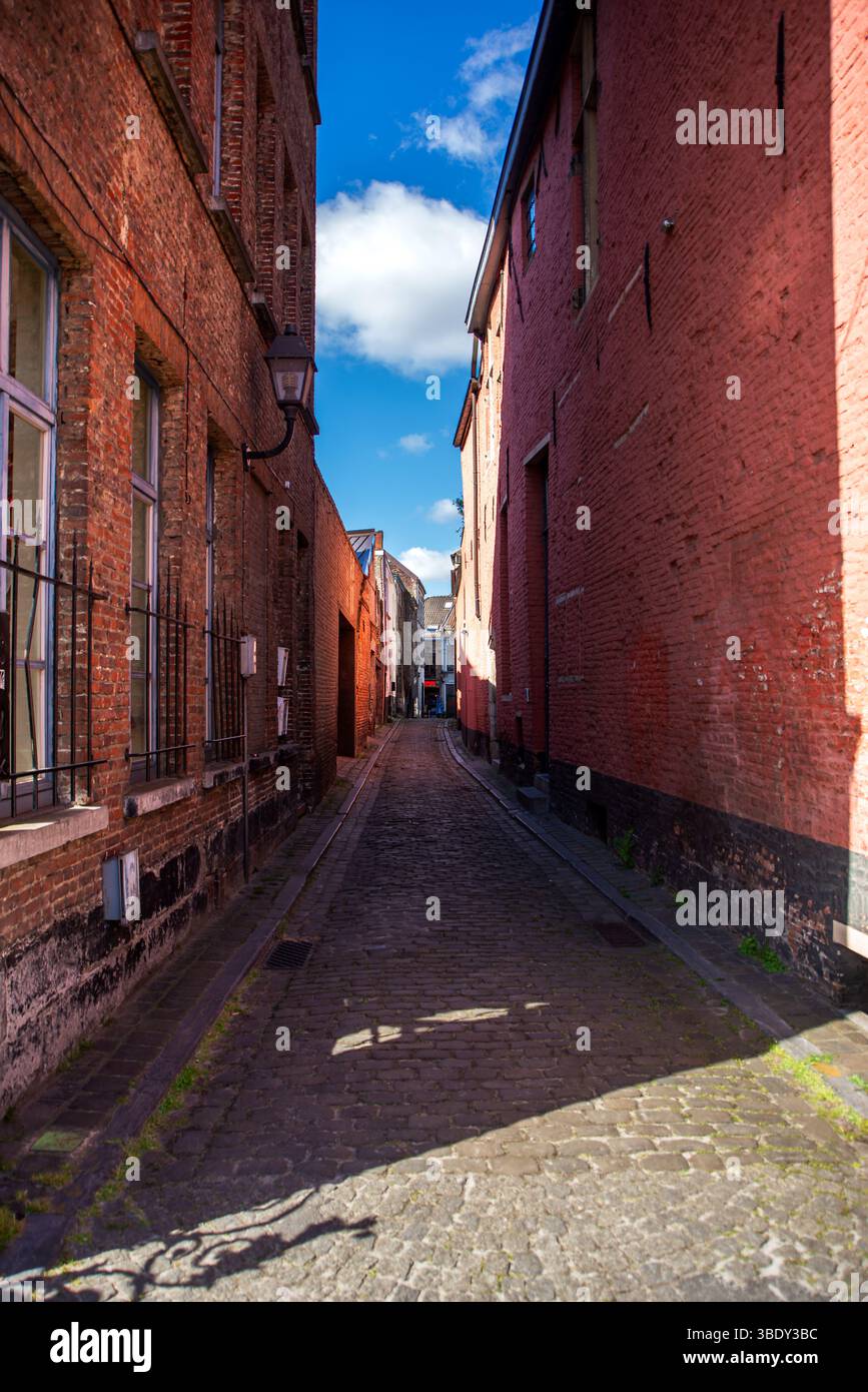 29.03.2025 Gent, Belgio, Uno stretto vicolo acciottolato, fiancheggiato da alti edifici in mattoni rossi sotto un cielo blu brillante con soffici nuvole, illuminati da W Foto Stock