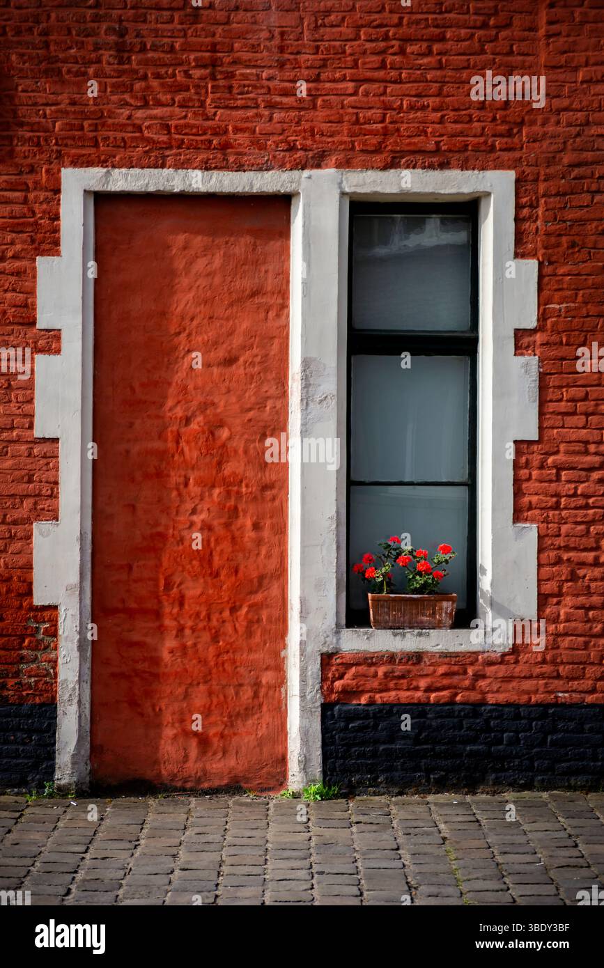 31.03.2025 Gent, Belgio, una porta in mattoni e una stretta finestra con una cornice bianca su un muro di mattoni rosso e nero, la finestra contiene un vaso marrone con vi Foto Stock