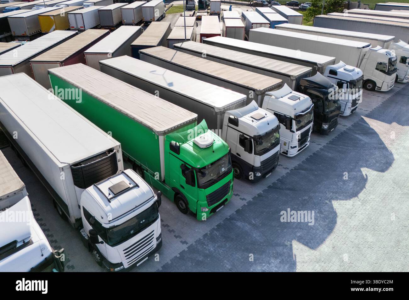 Fila di semi-camion, un veicolo è verde. Simboleggiare un trasporto sostenibile. Foto Stock