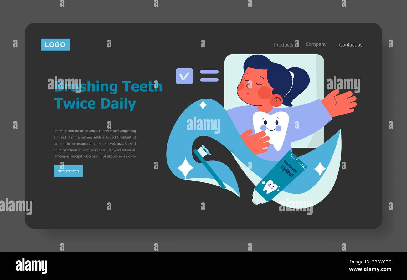 Illustrazione vettoriale di un bambino sdraiato a letto, che tiene in mano uno spazzolino da denti e abbraccia un cuscino a forma di dente, promuovendo l'igiene dentale con la frase "spazzolare i denti due volte al giorno". Illustrazione Vettoriale