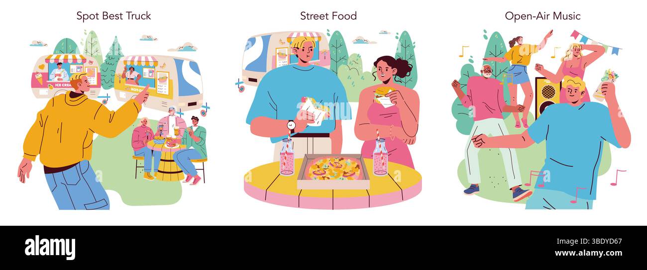 Illustrazione vettoriale colorata di persone che amano spuntini da food truck, pasti di strada ed eventi musicali all'aperto. Mostra emozioni e interazioni gioiose in un'atmosfera vivace. Illustrazione Vettoriale