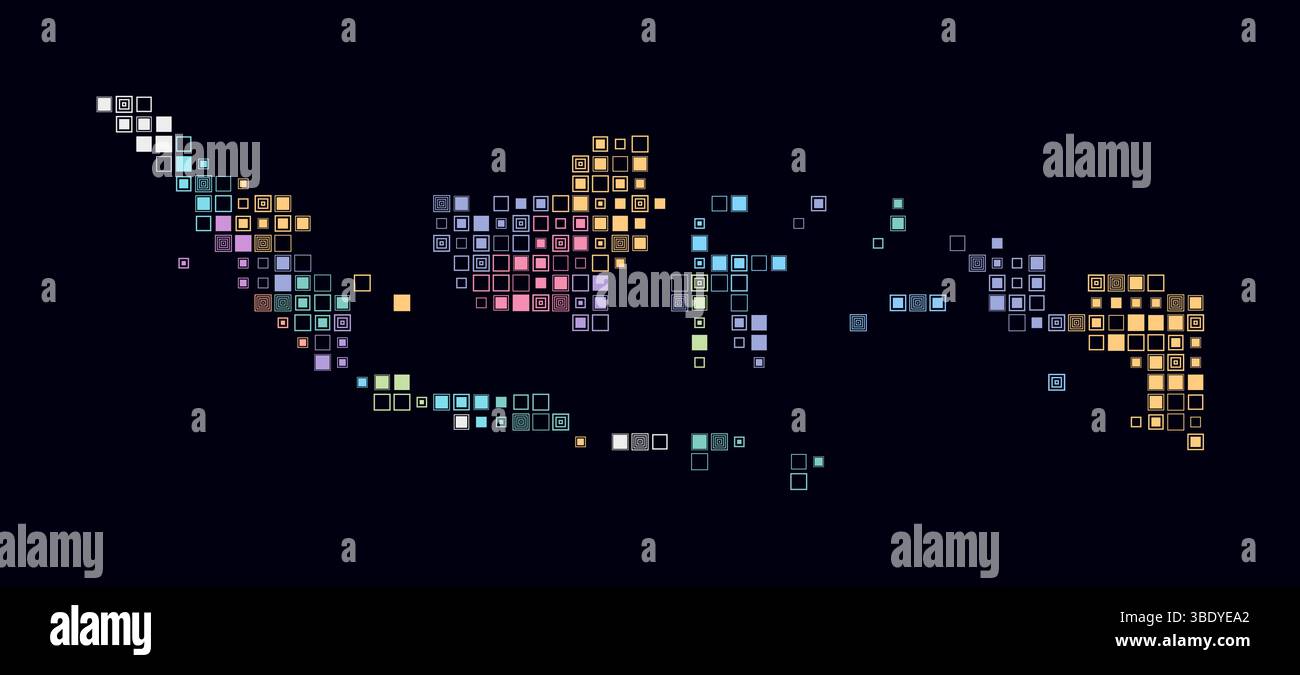 Indonesia, forma del paese costruzione di cellule colorate. Mappa in stile digitale dell'Indonesia su sfondo scuro. Blocchi quadrati di piccole dimensioni. Illustrazione Vettoriale