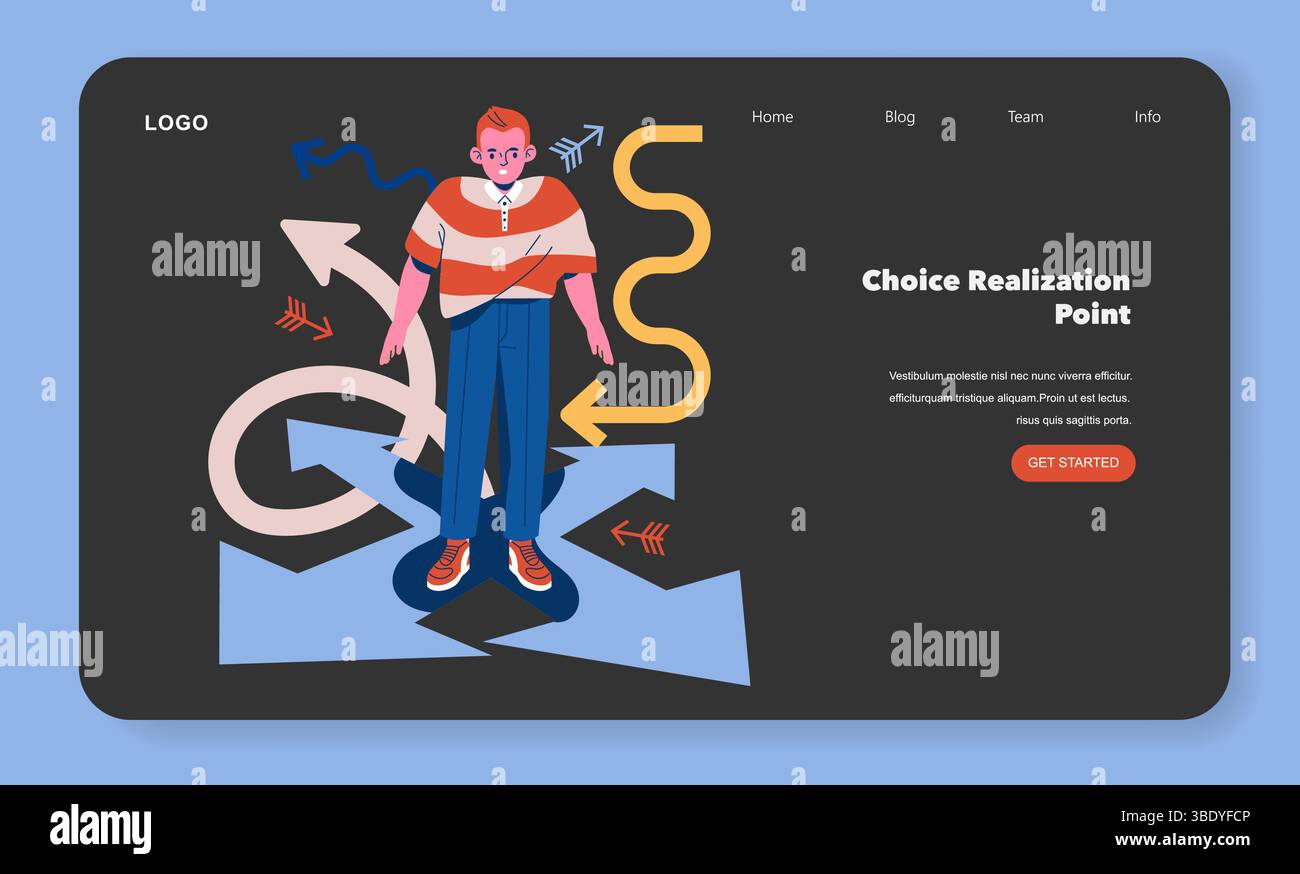 Illustrazione del punto di realizzazione della scelta. Una persona si trova ad un incrocio circondato da varie frecce direzionali. Questa immagine rappresenta in modo efficace il processo decisionale e la navigazione nelle scelte. Illustrazione vettoriale. Illustrazione Vettoriale
