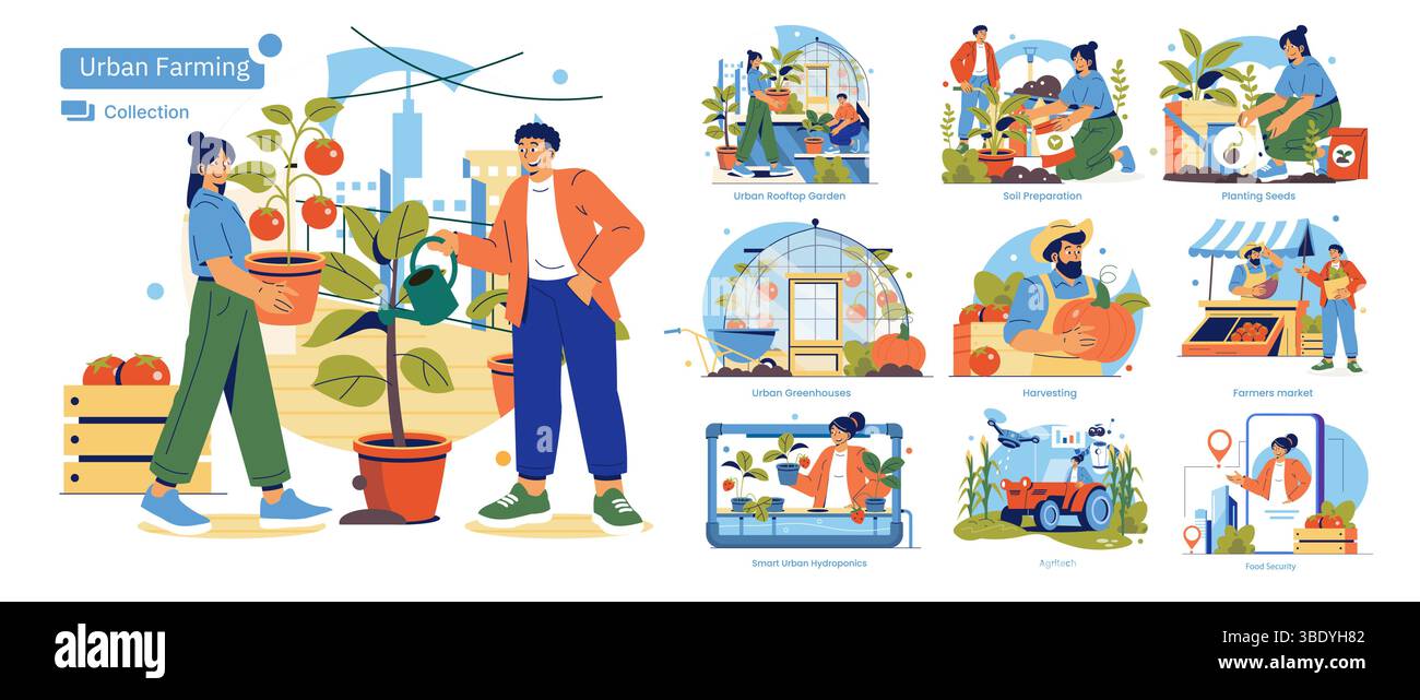 Attività agricole urbane che mostrano persone impegnate nel giardinaggio sul tetto, nella cura delle serre e nell'idroponica. Vivaci illustrazioni vettoriali che catturano l'agricoltura urbana sostenibile e l'agricoltura comunitaria. Illustrazione Vettoriale