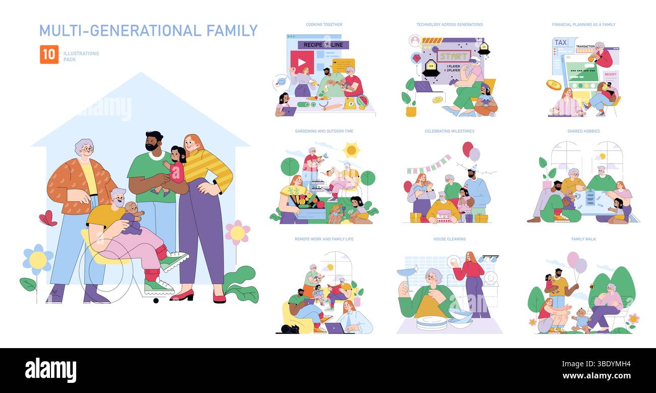 Illustrazione vettoriale che raffigura una famiglia multigenerazionale impegnata in varie attività come la cucina, il giardinaggio e l'uso della tecnologia, mostrando interazioni tra i gruppi di età. Illustrazione Vettoriale