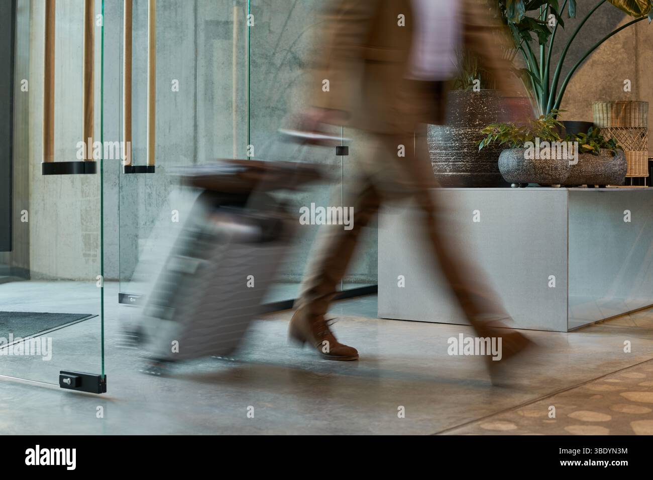 Professionisti che trascinano i bagagli nella hall dell'hotel elegante e contemporanea con piante ed elementi di design che contribuiscono a creare un ambiente elegante Foto Stock