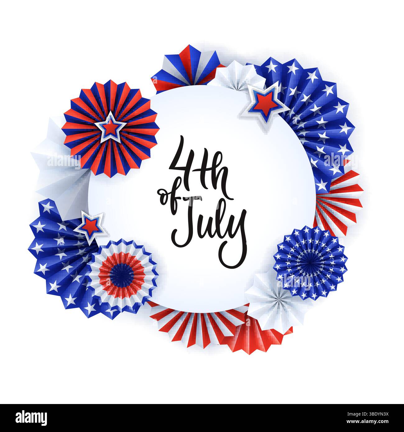 USA Independence Day 4 luglio banner, poster, modello di design per biglietti d'auguri con colorate e realistiche stelle di carta 3d. Backgro di vacanze astratte vettoriali Illustrazione Vettoriale