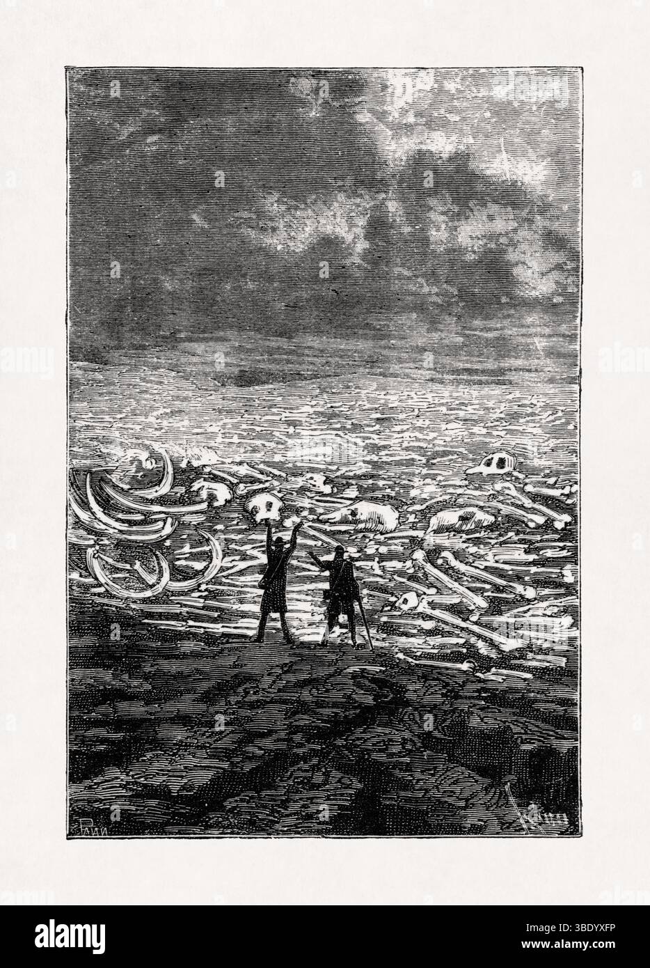 Illustrazione di Édouard Riou raffigurante una pianura inquietante disseminata di ossa fossilizzate di creature preistoriche dal libro "viaggio al centro" Foto Stock