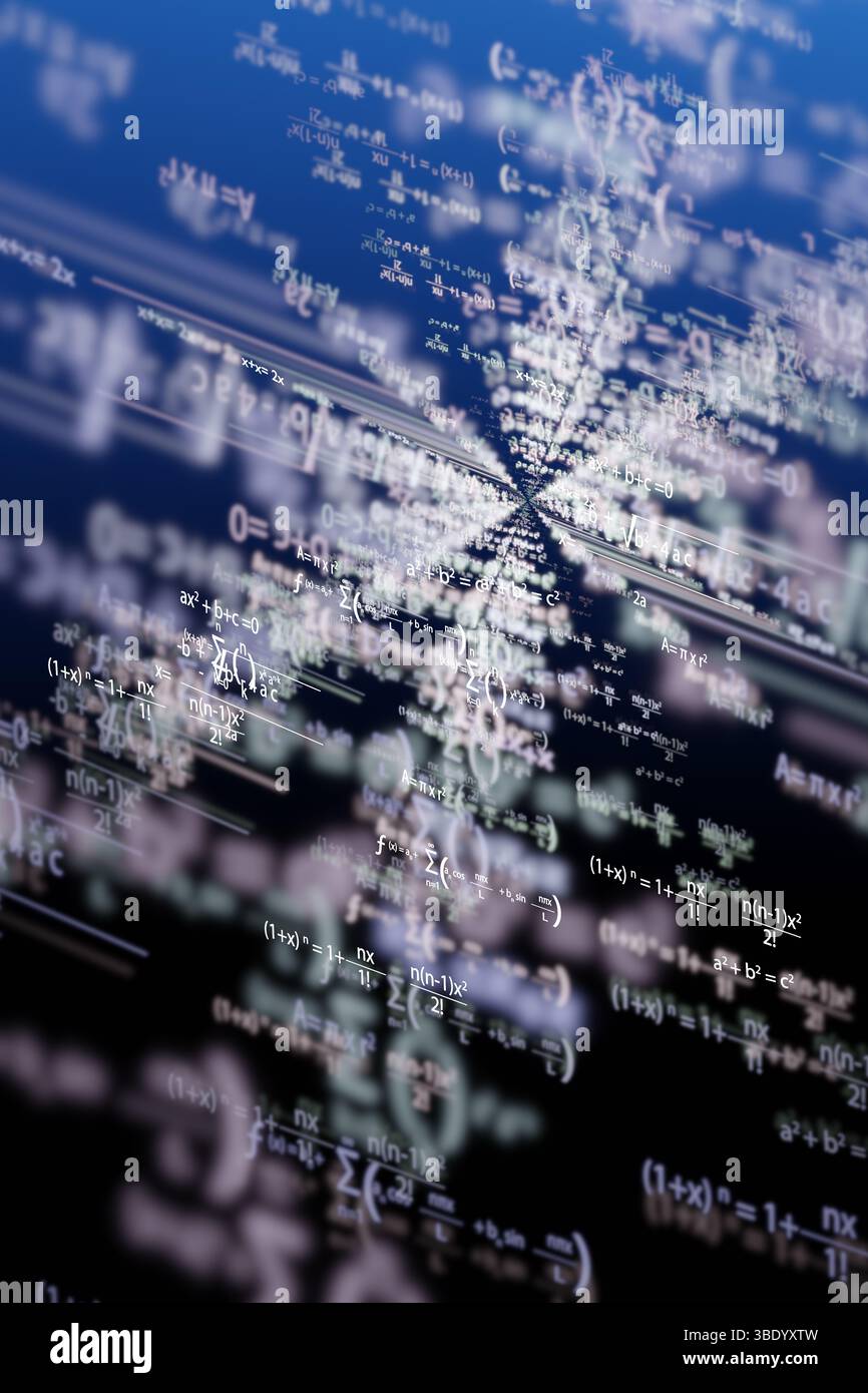 Rendering tridimensionale con profondità di campo nella rappresentazione astratta del pensiero matematico attraverso equazioni Foto Stock