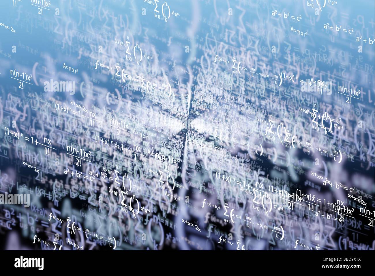 Rappresentazione della profondità di campo con equazioni di Algebra e geometria del pensiero astratto in tre dimensioni Foto Stock