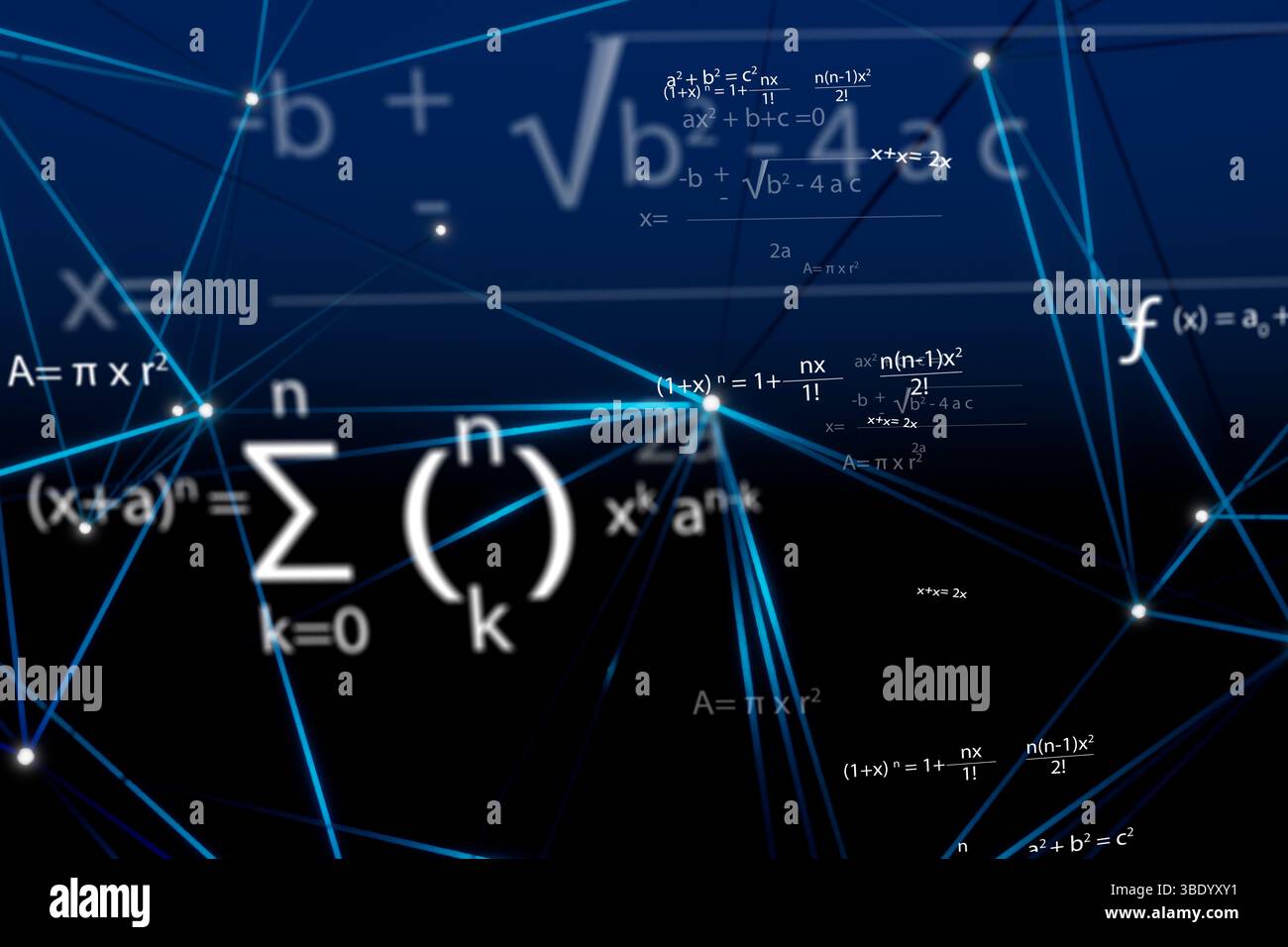 Rete del plesso dello spazio blu accompagnata da formule matematiche di rendering 3D dello spazio tridimensionale Foto Stock