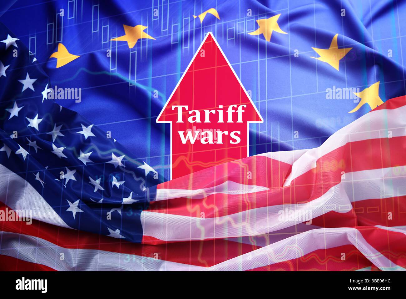 Guerre tariffarie. Bandiere dell'America e dell'Unione europea, grafico e freccia. Doppia esposizione Foto Stock