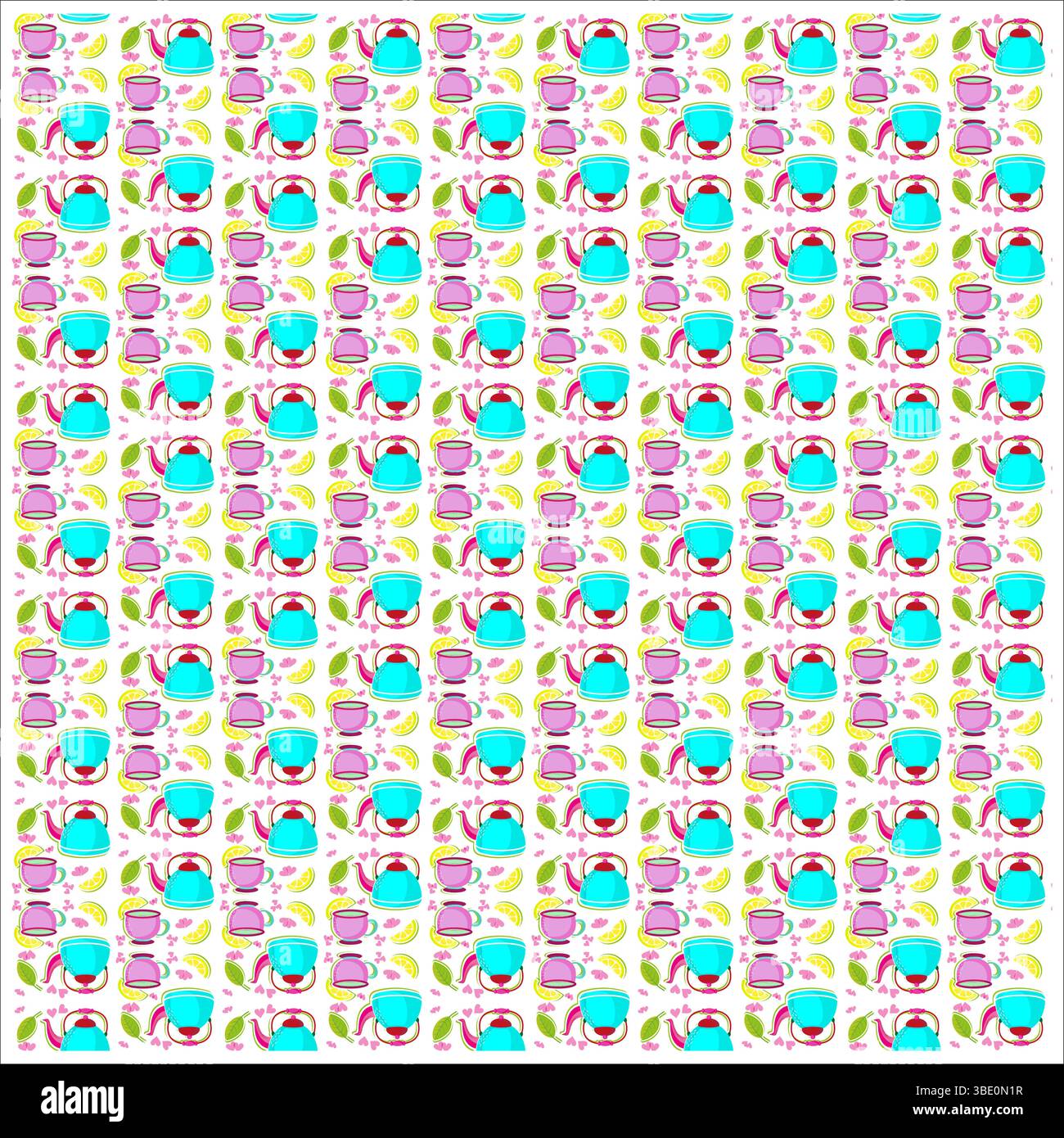 Sequenza di ripetizione del tè. Sfondo a base di erbe brillante. Tè vettoriale senza cuciture. Disposizione colorata delle bevande. Illustrazione Vettoriale