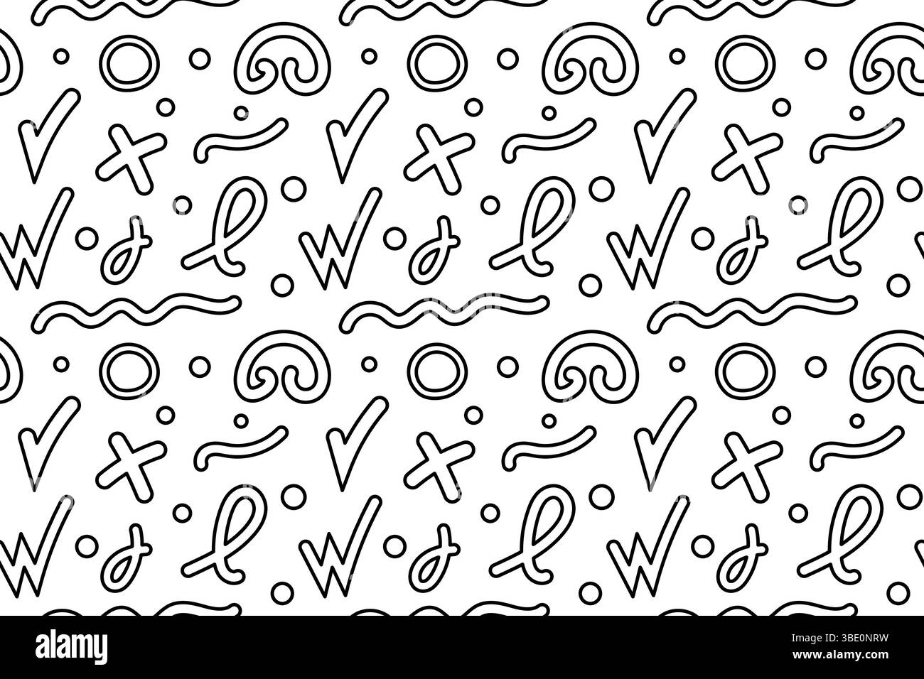 Motivo senza cuciture, pagina da colorare con forme astratte di scarabocchi, scoiattoli, croci, anelli, segno di spunta, simboli W, linee ondulate e coriandoli. Retro geometrico Illustrazione Vettoriale