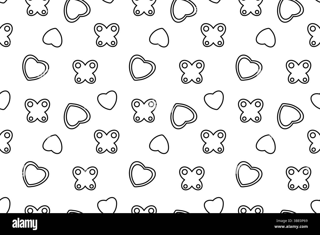 Motivo senza cuciture, pagina da colorare con cuori e farfalle illustrazione vettoriale. Sfondo astratto. Per intrattenere, bianco e nero romantico valen Illustrazione Vettoriale