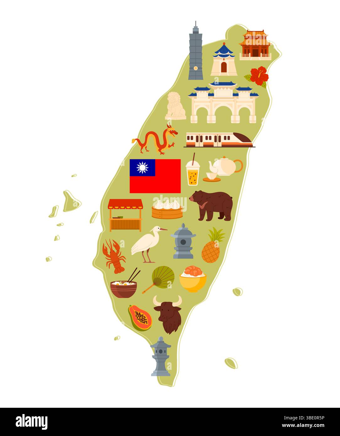 Viaggia verso Taiwan, la cultura e i luoghi di interesse, il cibo e gli edifici della città sulla mappa infografica del paese. Architettura tradizionale e moderna, luoghi naturali del tour taiwanese illustrazione vettoriale di cartoni animati Illustrazione Vettoriale