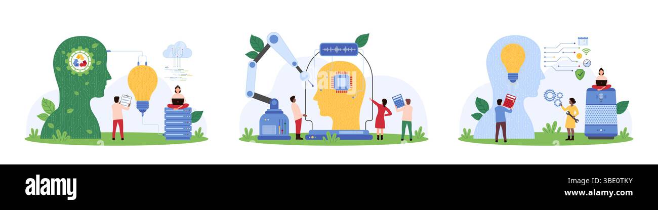 Creazione e controllo del set di assistente personale ai. Le piccole persone che creano chat bot con le mani dei robot aiutano, connettono la testa degli assistenti virtuali con una lampadina e riciclano l'illustrazione vettoriale dei cartoni animati Illustrazione Vettoriale