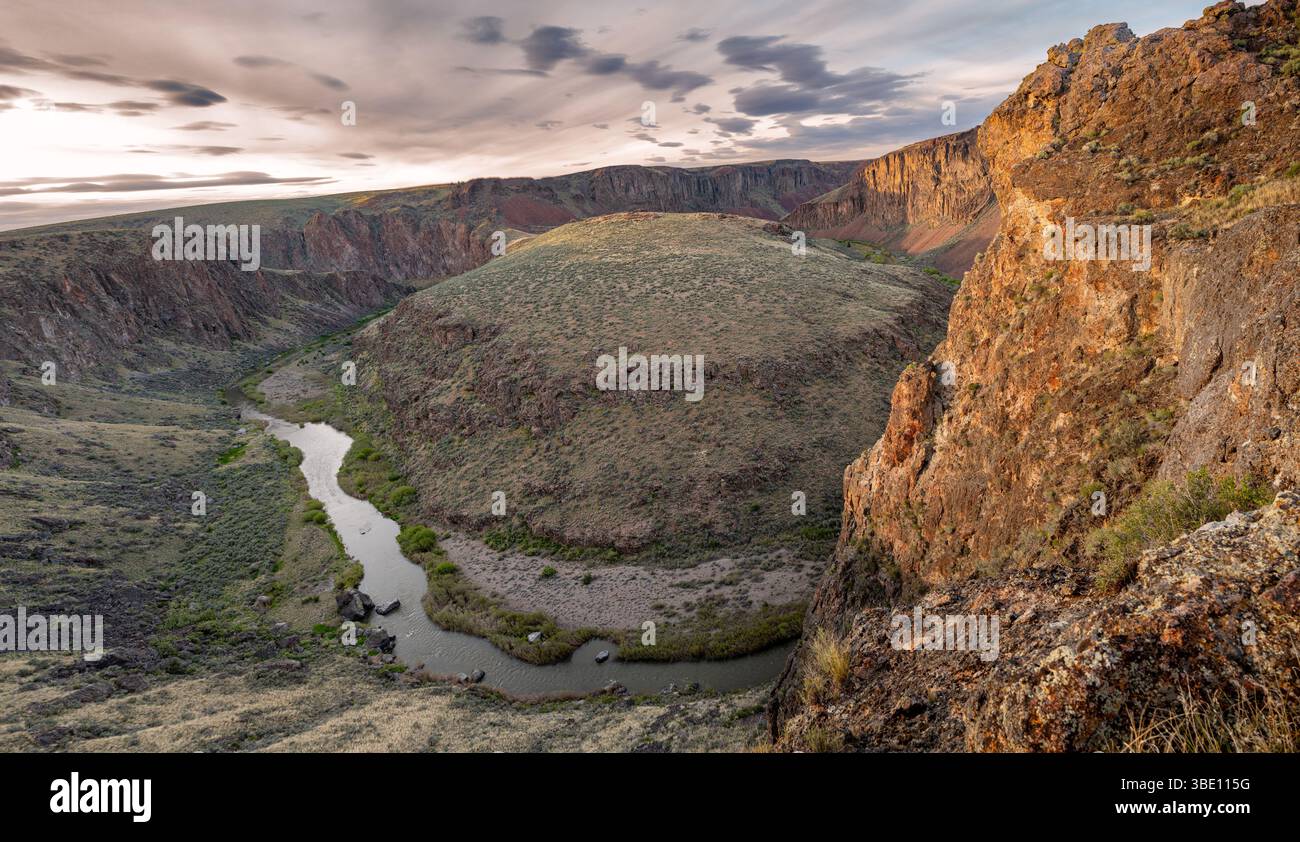 Ansa unica nel canyon del fiume Owyhee in tarda serata Foto Stock