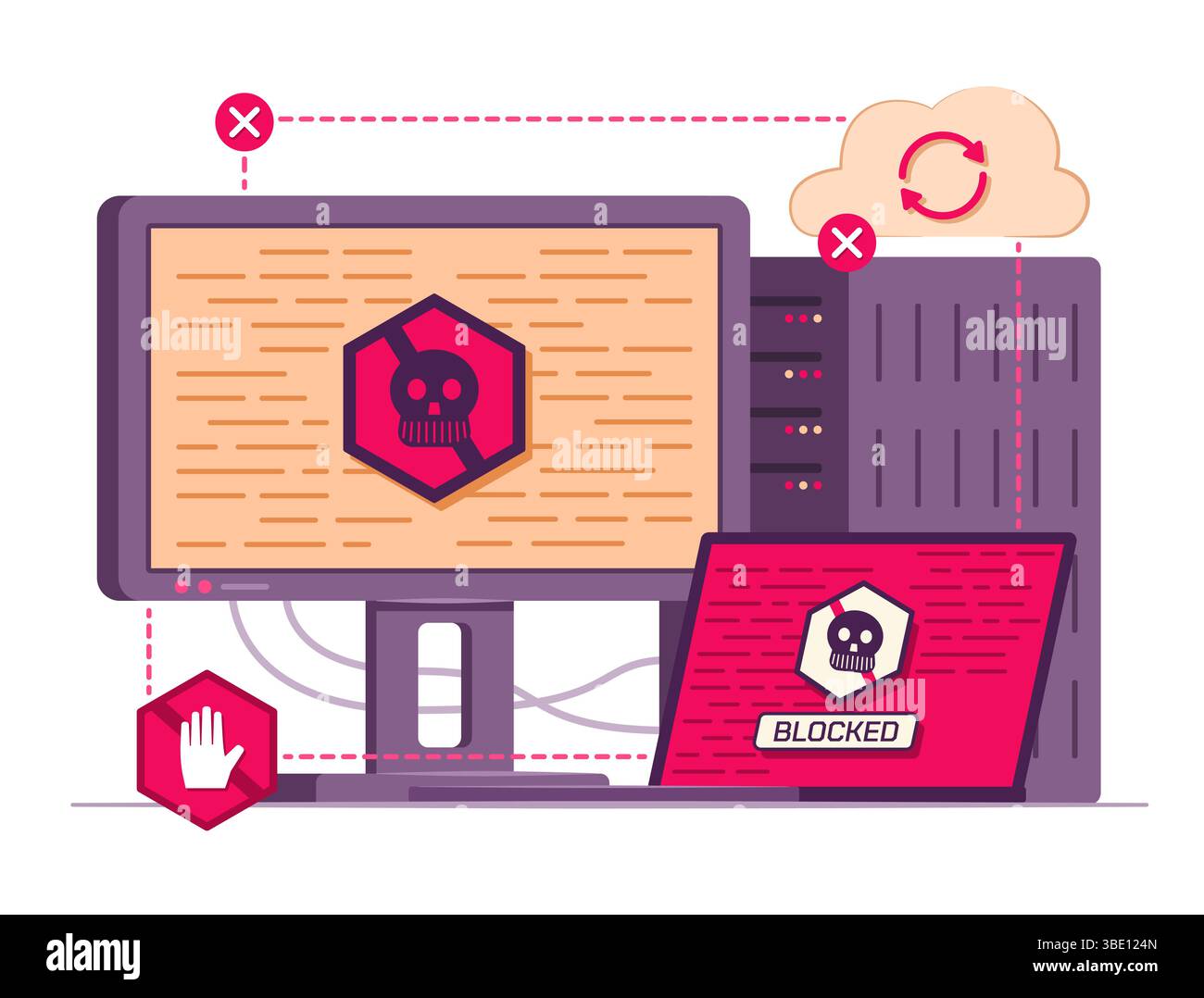 Illustrazione del concetto di attacco ransomware computer desktop, computer laptop e server cloud per cyber crimine e malware Illustrazione Vettoriale