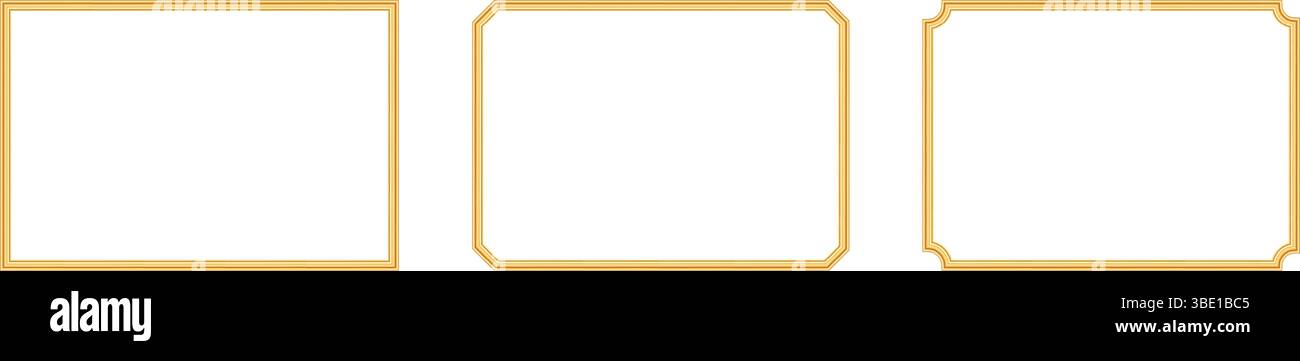 Raccolta di cornici rettangolari realistiche dorate. mockup di oggetti di lusso 3d per cornice fotografica, bordo dorato per certificato, premio, francobollo Illustrazione Vettoriale