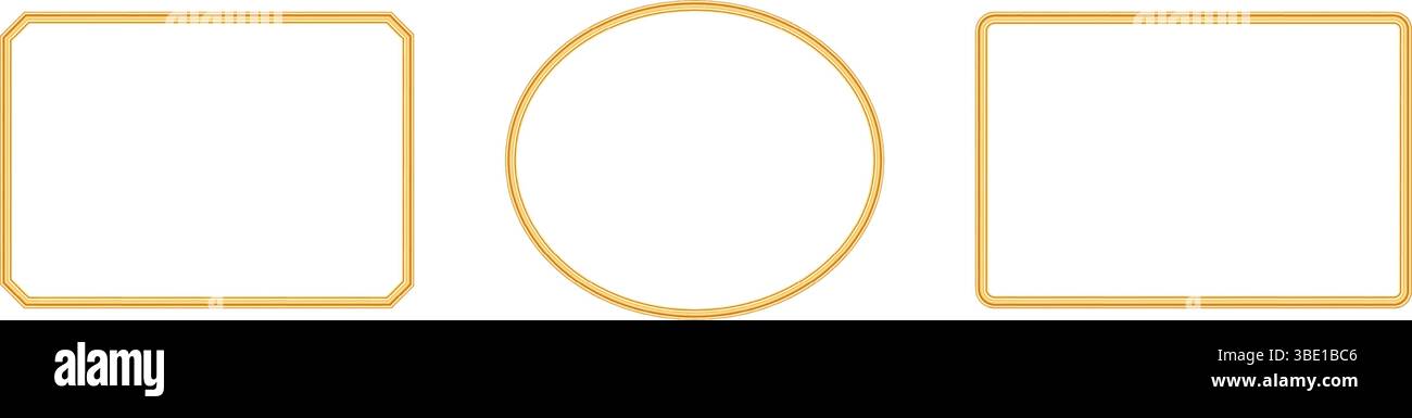 Rettangolo realistico e cornice ovale per l'immagine. mockup di oggetti di lusso 3d per cornice fotografica. Golden Border per certificato, premio, francobollo, vignetta Illustrazione Vettoriale