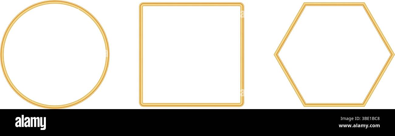 Quadrato lucido dorato decorativo, rotondo, bordo esagonale. Cornice ornamentale geometrica per certificati, premi, francobolli, vignette, biglietti d'auguri Illustrazione Vettoriale