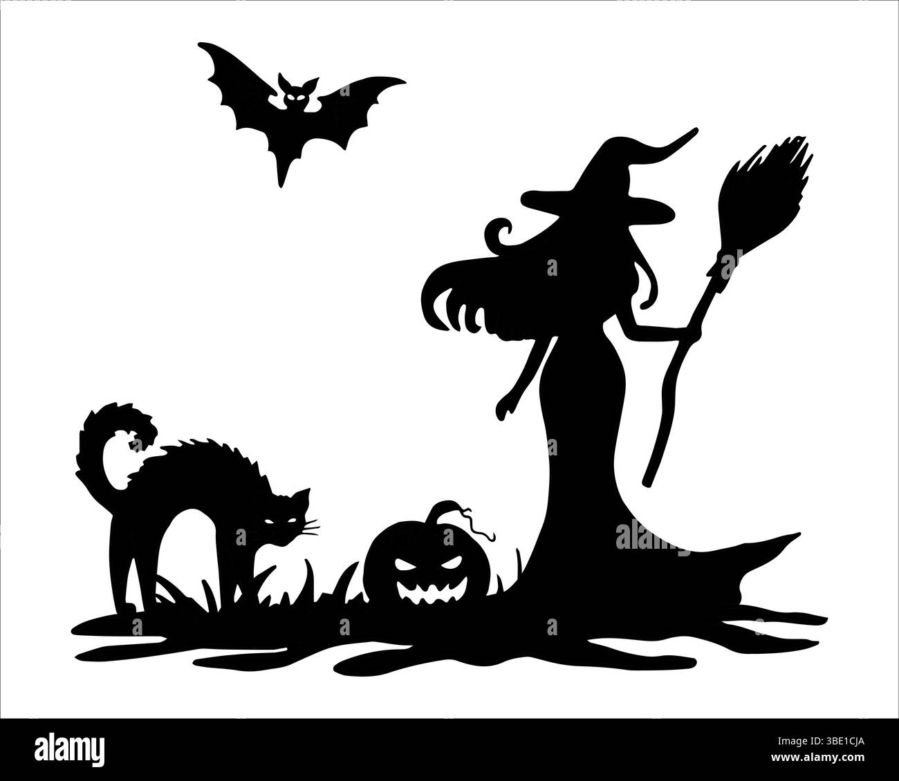 Silhouette di strega con scopa, gatto nero con zucca su terreno erboso e mazza. Composizione di Halloween. Illustrazione grafica, scarabocchio. Linea disegnata a mano Illustrazione Vettoriale