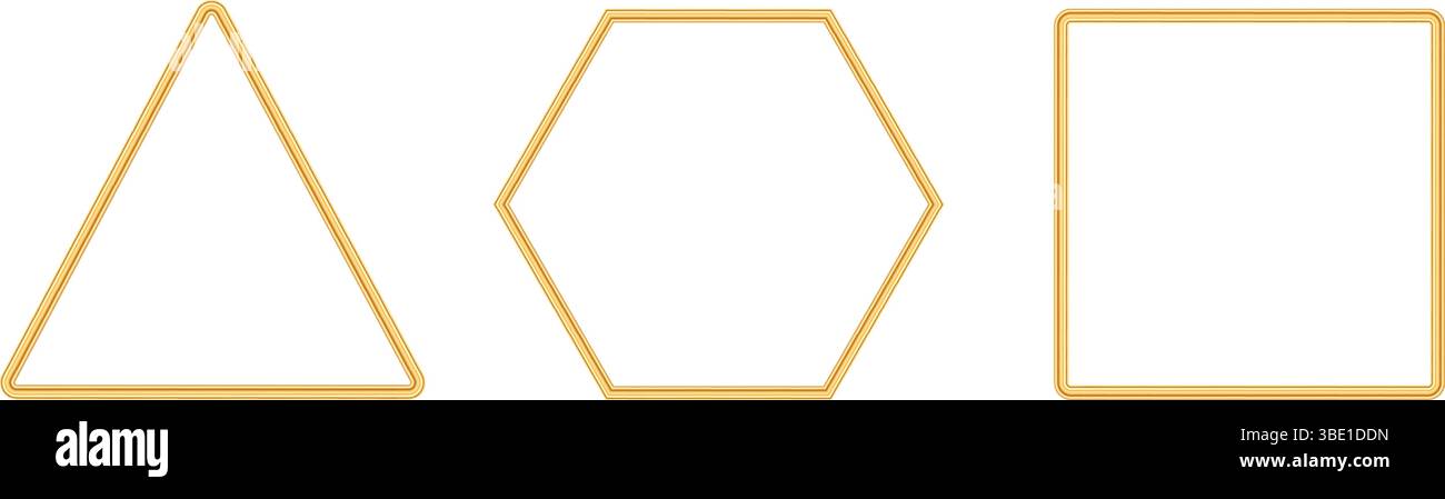 Elegante cornice triangolare, quadrata, esagonale lucida, oro. Elegante bordo ornamentale geometrico per certificati, premi, francobolli, vignette, biglietti d'auguri Illustrazione Vettoriale