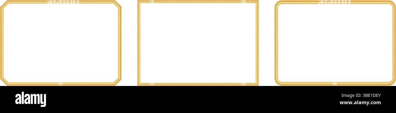 Collezione di lussuose cornici fotografiche rettangolari dorate. Mockup realistico di oggetti 3d per cornice, bordo dorato per certificato, premio, timbro Illustrazione Vettoriale