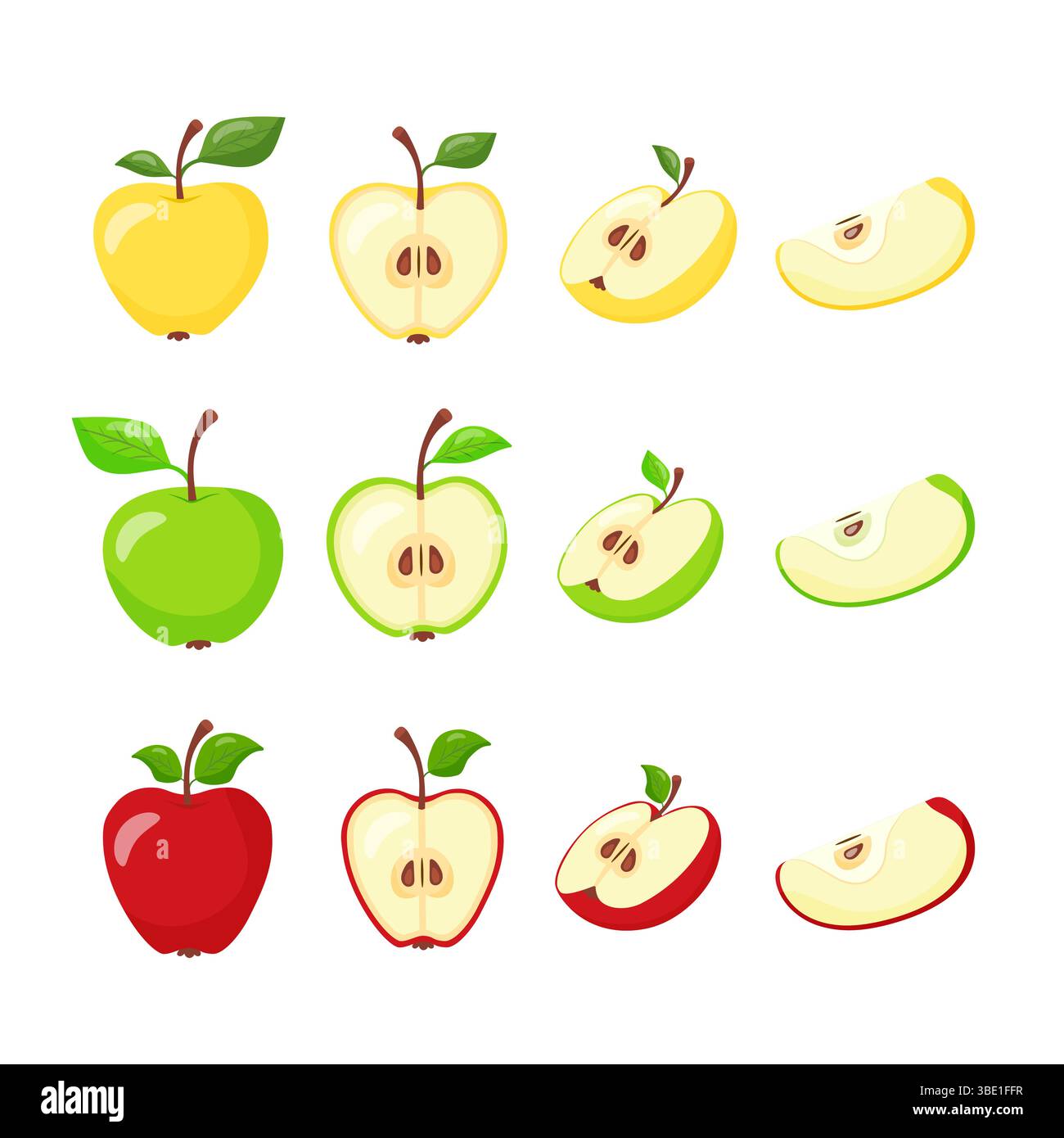 Set di illustrazioni di frutta di mele verde, gialla, rossa. Mele in sezione. Disegnato a mano. Illustrazione Vettoriale