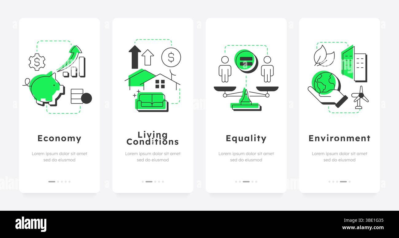 Schermate di onboarding delle app mobili per l'economia sociale Illustrazione Vettoriale