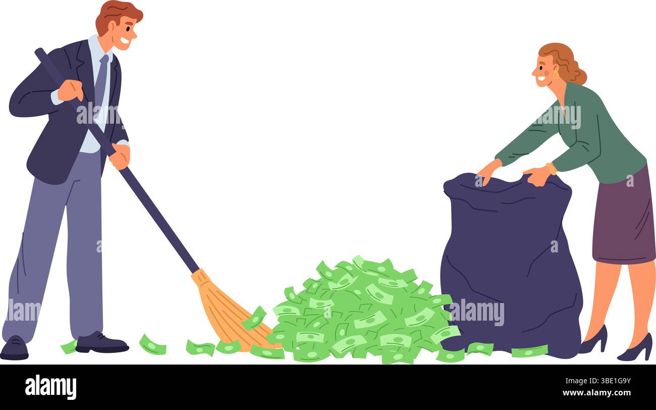 Due uomini d'affari soddisfatti che stanno raccogliendo banconote di carta. Una coppia di successo che guadagna. Uomo che pulisce banconote in dollari. Proventi finanziari. Donna Illustrazione Vettoriale