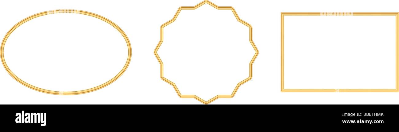 Collezione di eleganti cornici dorate. Modello realistico di un rettangolo e di un oggetto ovale per cornice fotografica. Bordo ornamentale in stile orientale. Vettore Illustrazione Vettoriale