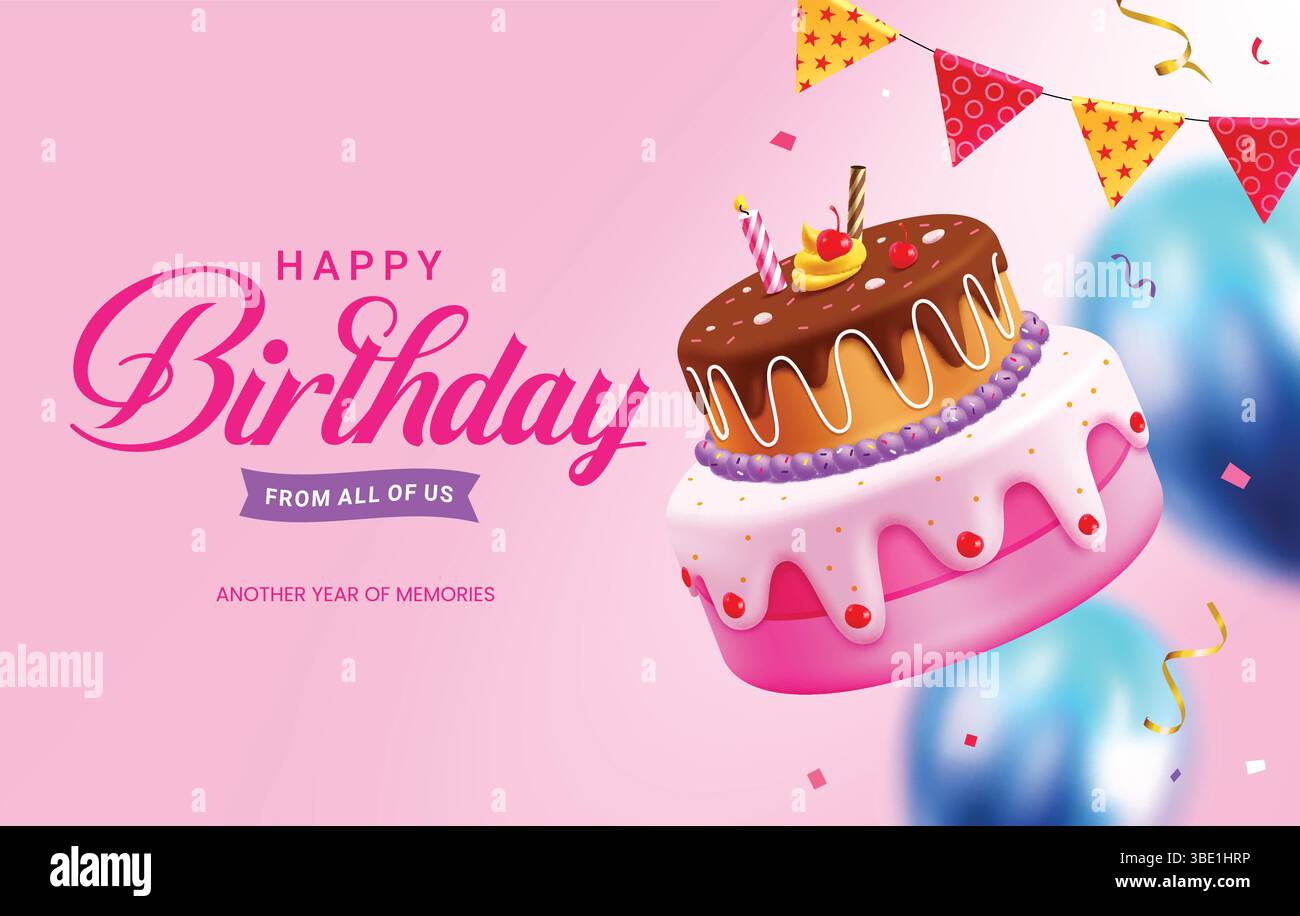 Design del banner clipart per auguri di buon compleanno. Testo e desideri di auguri di compleanno con sapore di torta fragola e cioccolato su sfondo rosa Illustrazione Vettoriale