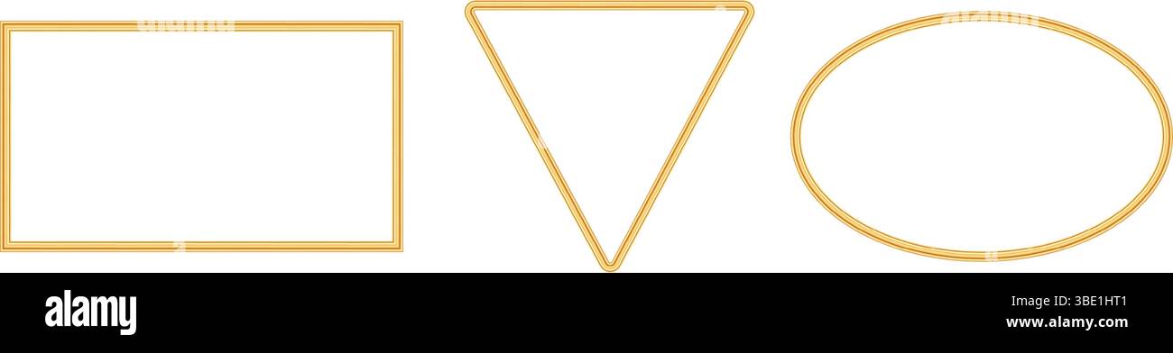 Collezione di cornici dorate di lusso. mockup di oggetti rettangolari, triangolari e ovali realistici 3d per photoframe. Bordo decorativo geometrico per certificato Illustrazione Vettoriale