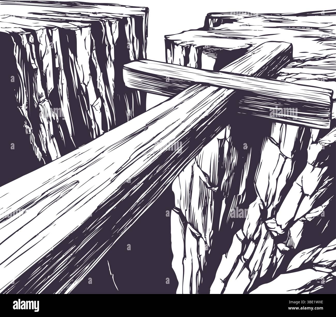 Croce di legno cristiana che giace sopra l'abisso, che ci unisce a Dio. Pasqua . Simbolo del cristianesimo disegno vettoriale a mano Illustrazione Vettoriale
