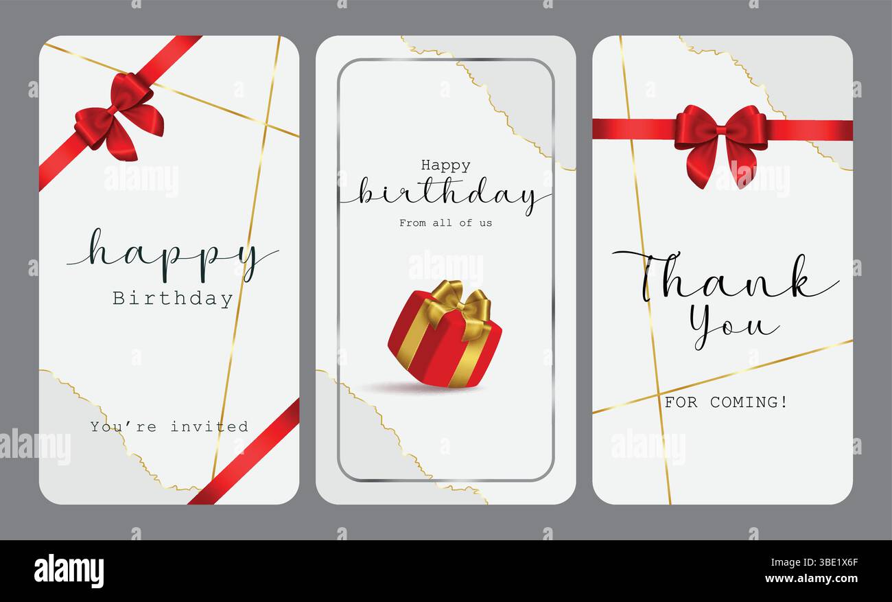 Saluto di buon compleanno elegante set di poster clipart. Inviti di compleanno, auguri e ringraziamenti per la raccolta di clip art con uno sfondo minimo Illustrazione Vettoriale