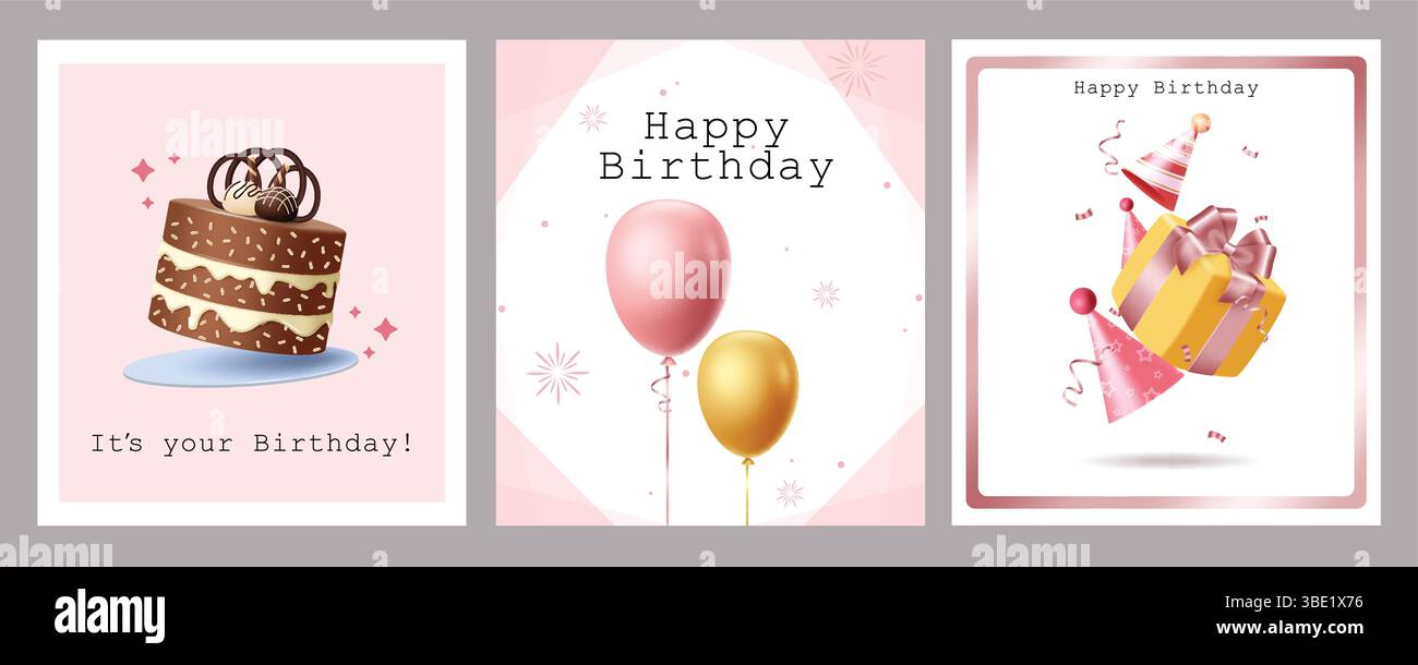 Set di poster degli appunti di buon compleanno. Auguri di buon compleanno, modello di cartolina di invito, collezione di clip art con bordo rosa su sfondo astratto Illustrazione Vettoriale
