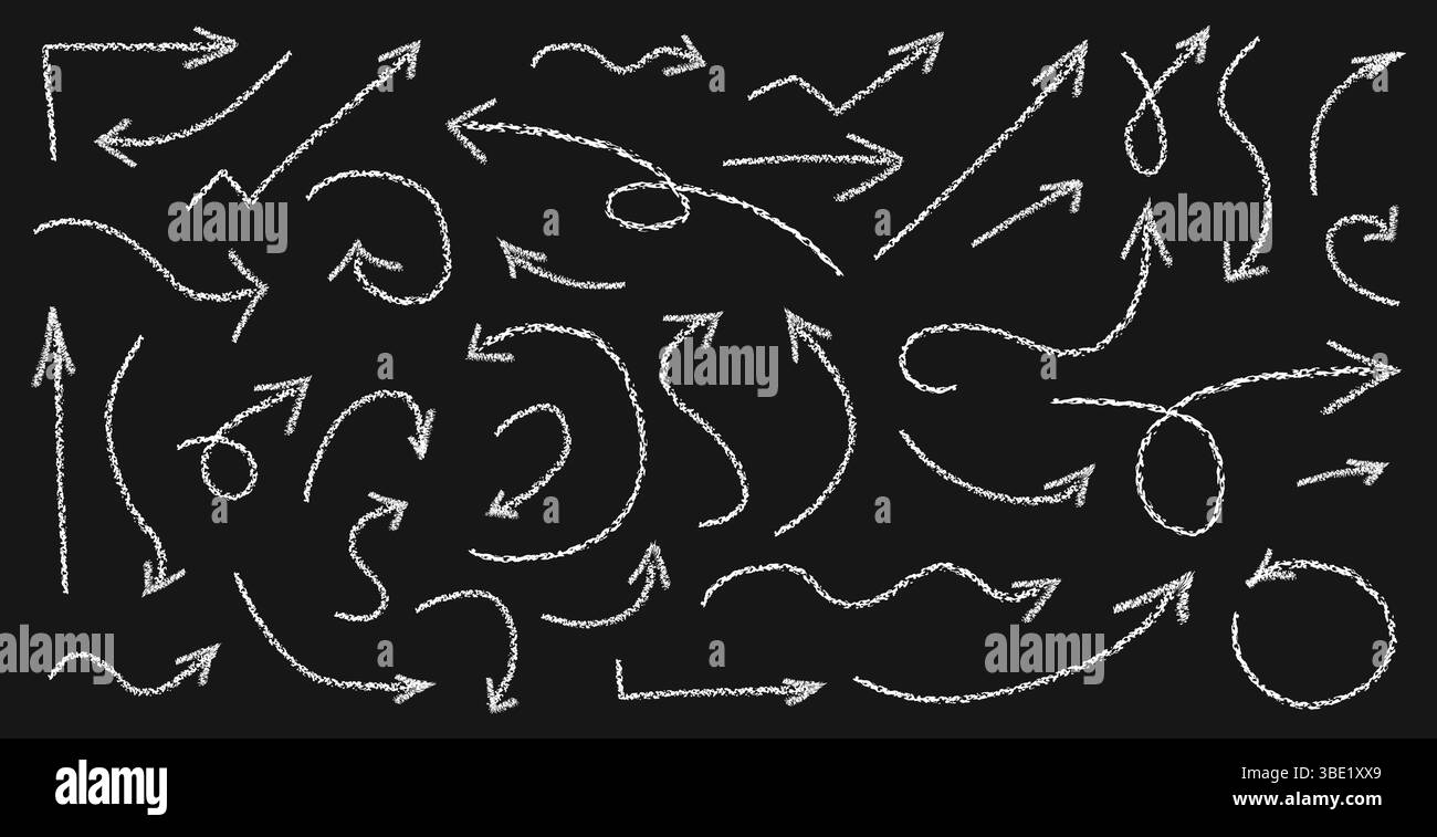 Set disegnato a mano con gesso frecce. La freccia dello schizzo del doodle a carboncino con trama vettoriale indica direzioni diverse Illustrazione Vettoriale