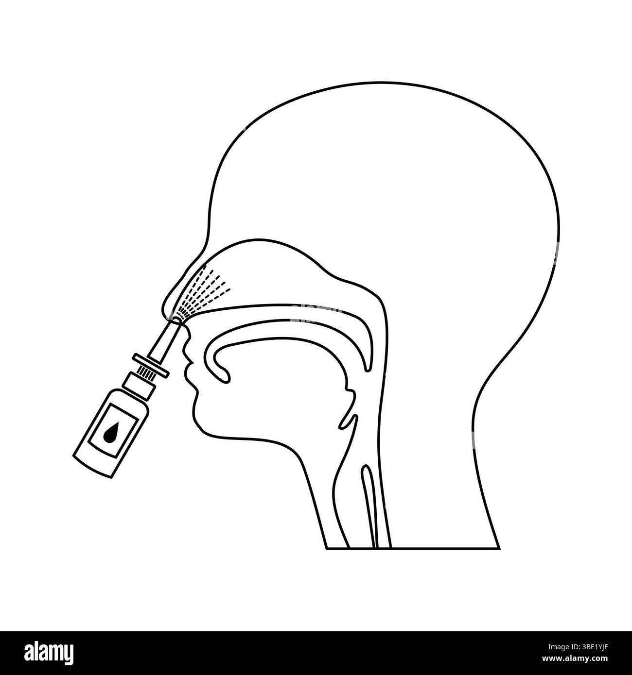 Spray nasale, spruzzo sul naso, illustrazione line art. Foto Stock