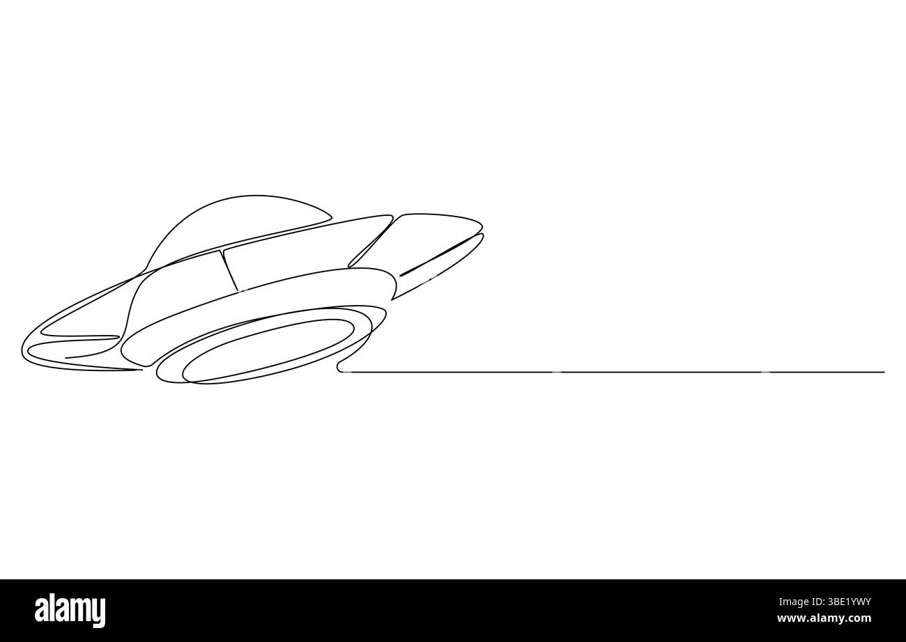 Una linea continua di vettore di veicoli UFO, icona di disegno di linee continue di giocattoli di aerei UFO. UFO design Concept della collezione Astronomy. Astronauti carini Illustrazione Vettoriale