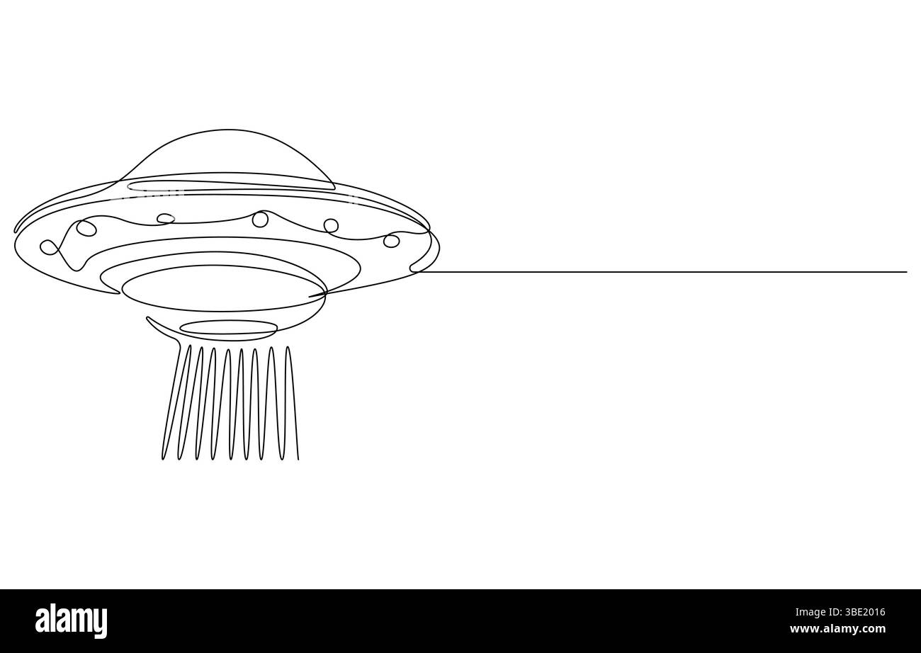 Una linea continua di vettore di veicoli UFO, icona di disegno di linee continue di giocattoli di aerei UFO. UFO design Concept della collezione Astronomy. Astronauti carini Illustrazione Vettoriale