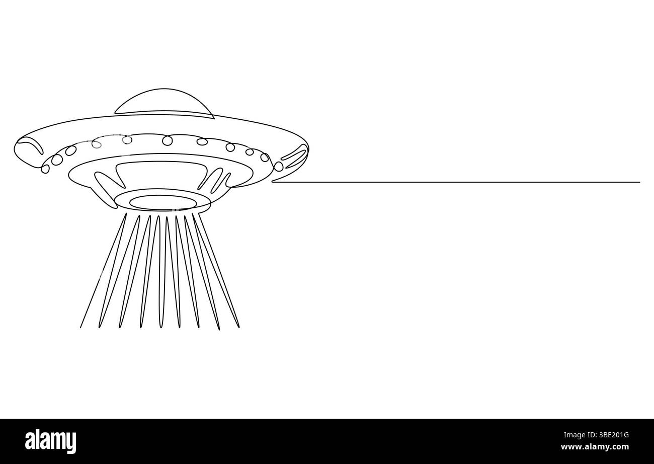 Una linea continua di vettore di veicoli UFO, icona di disegno di linee continue di giocattoli di aerei UFO. UFO design Concept della collezione Astronomy. Astronauti carini Illustrazione Vettoriale