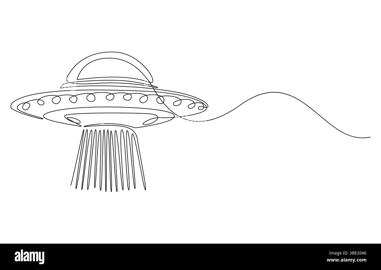 Una linea continua di vettore di veicoli UFO, icona di disegno di linee continue di giocattoli di aerei UFO. UFO design Concept della collezione Astronomy. Astronauti carini Illustrazione Vettoriale