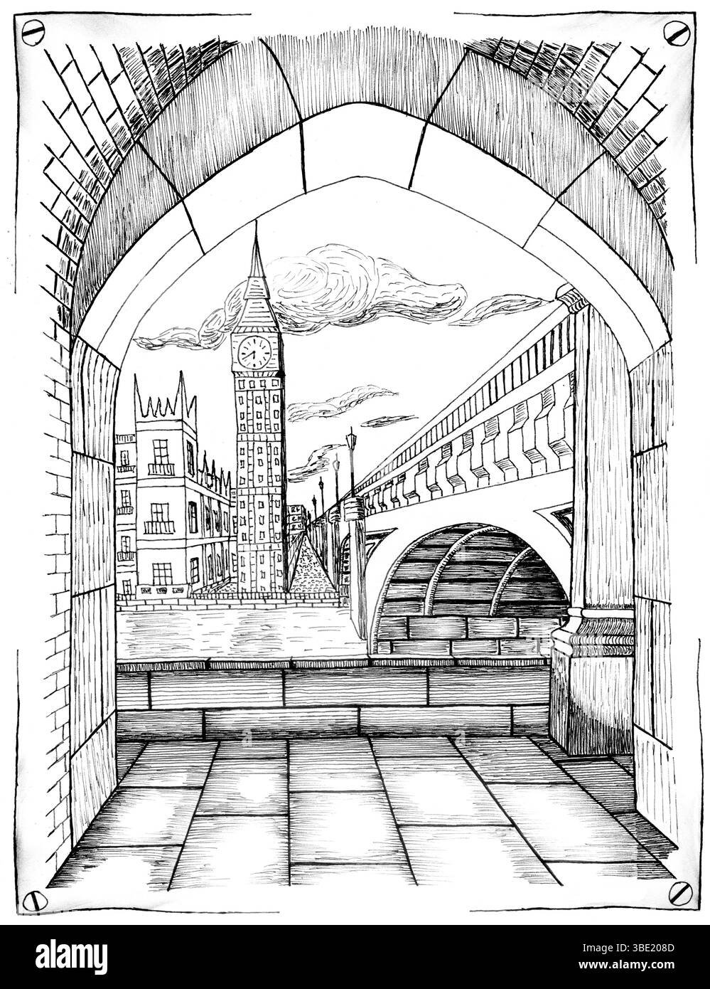 Dettagliato schizzo in bianco e nero di Londra con Big Ben e Westminster Bridge, incorniciato da un arco. Perfetto per l'uso editoriale negli articoli di viaggio Foto Stock