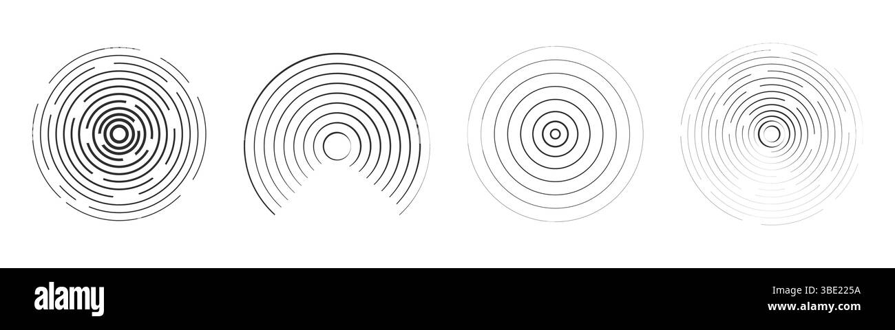Onda sonora, linea del segnale radar. Effetto cerchio circolare concentrico, anello ad acqua circolare. Scansione con vibrazione del contorno o musica. Schermata di destinazione, turbolenza dello scanner. Illustrazione vettoriale Illustrazione Vettoriale