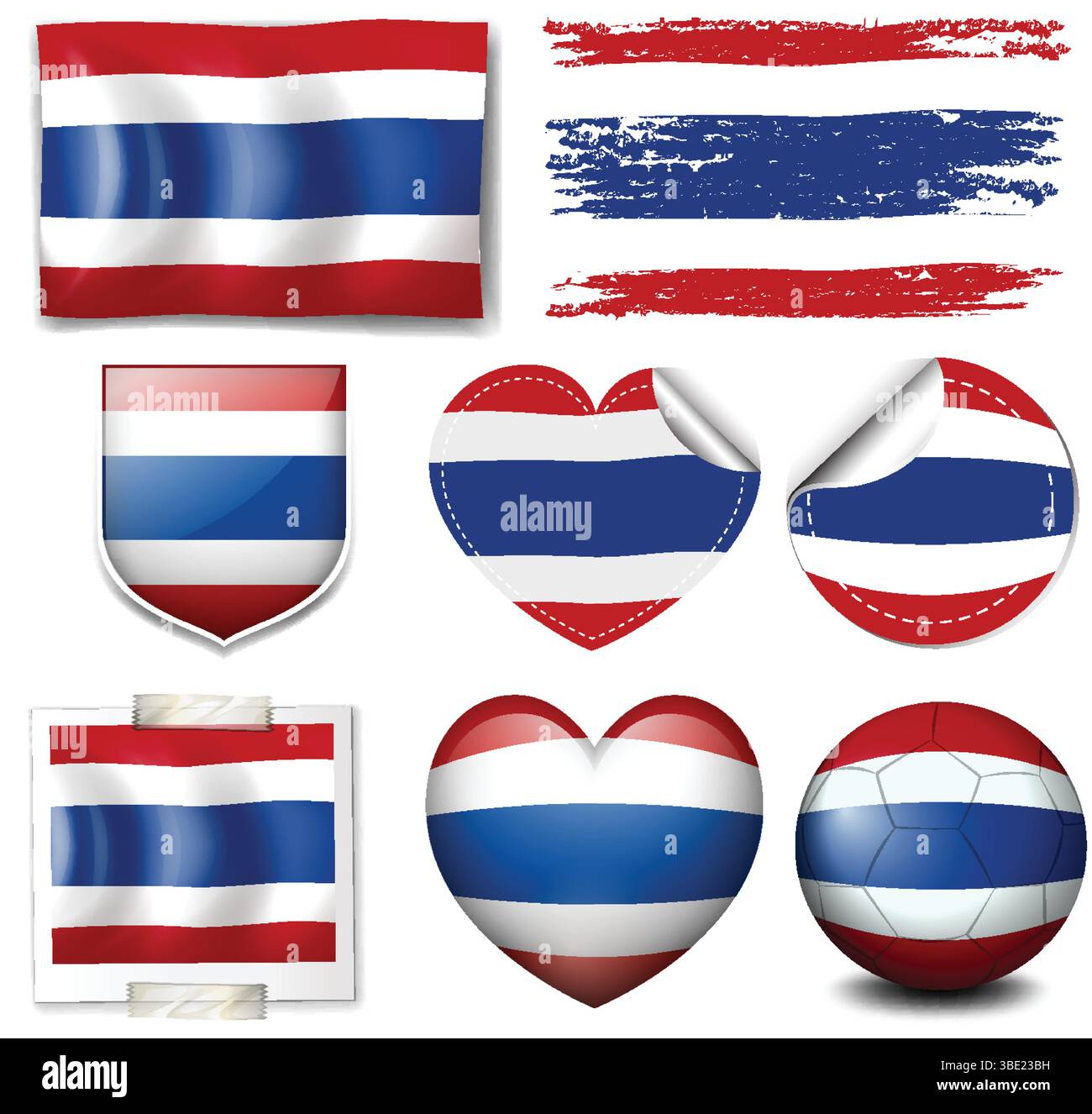 Un set versatile di icone vettoriali a tema bandiera thailandese in varie forme, caratterizzate da colori vivaci e da elementi di design puliti Illustrazione Vettoriale