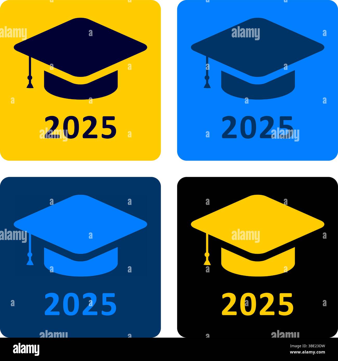 Icone del cappello di laurea con anno 2025 in coloratissimi disegni quadrati – Academic Achievement e School Celebration Vector Illustration Illustrazione Vettoriale